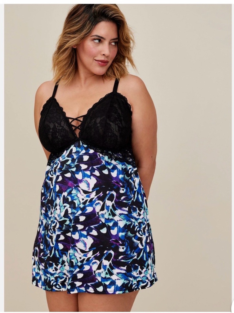 torrid NWT Black Lace Bodice Blue & Purple Floral Chemise
